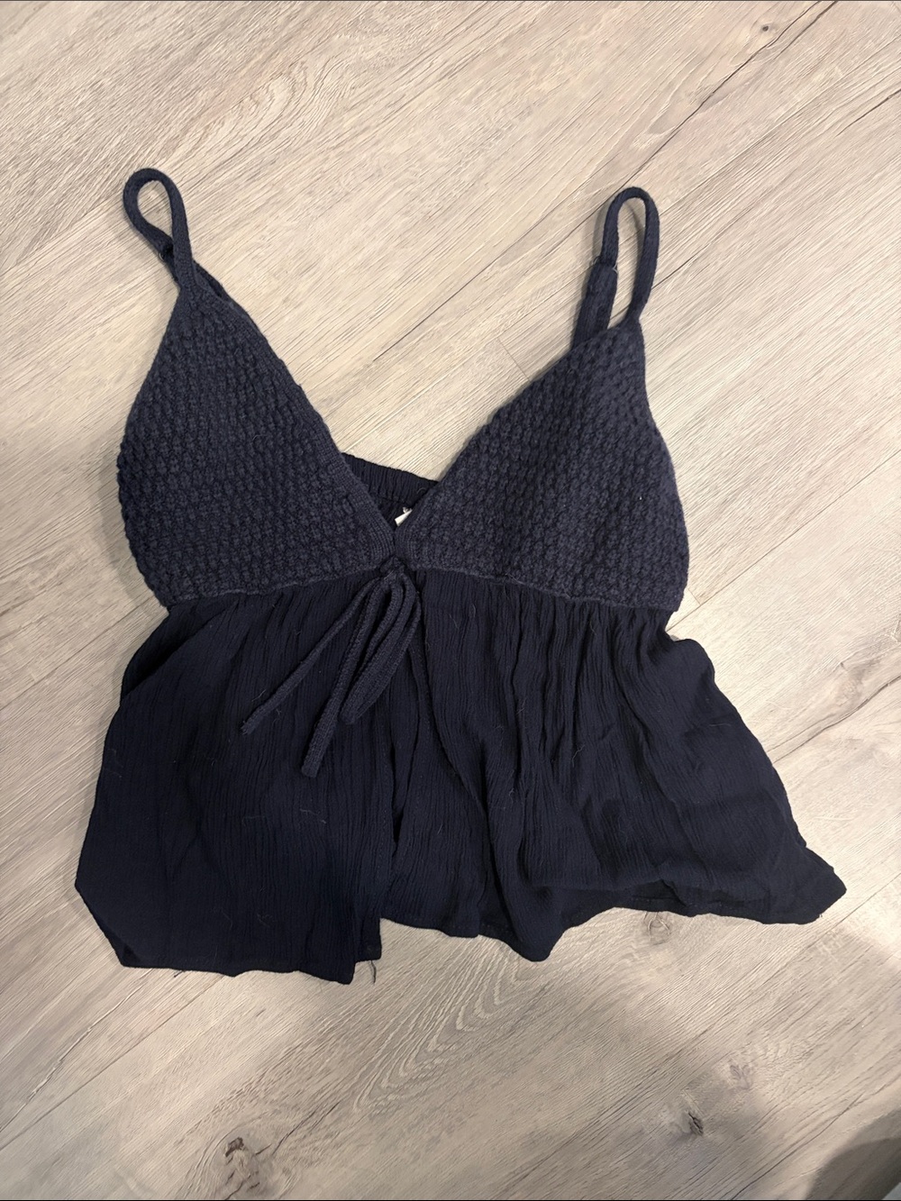 Garage Navy Blue Textured Knit Tie-Front Cropped Cami